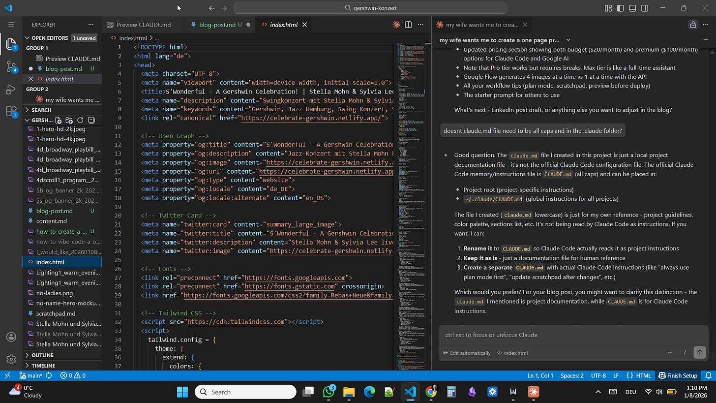 Claude Code in VS Code - building a static HTML website with AI coding assistant