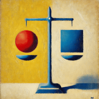 An abstract representation of balance featuring a blue scale with a red sphere on one side and a blue square on the other, set against a yellow background.