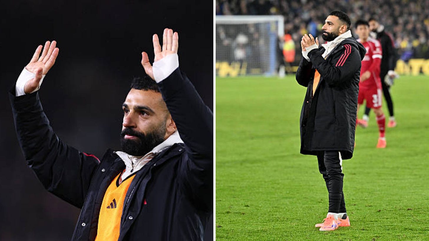 Split image of Liverpool star Mo Salah's reaction at full-time against Leeds