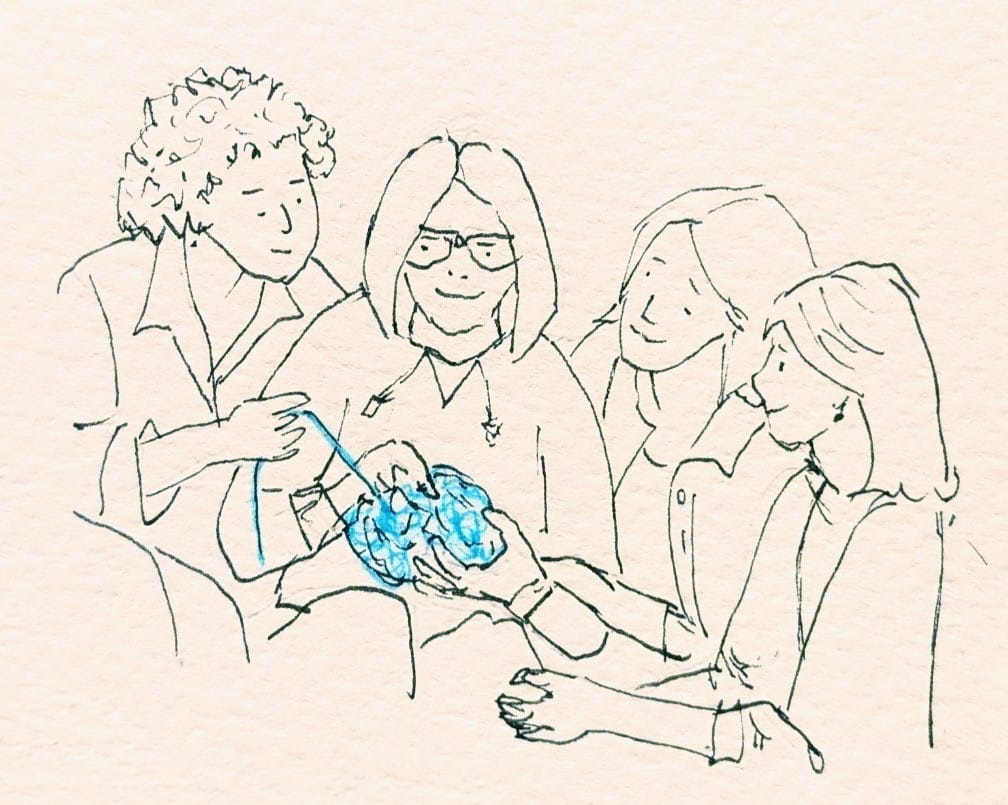 Minimalist line illustration of four middle-aged women sitting in a circle. One woman holds a tangled ball of thread while another gently finds and pulls the end of a blue strand as the others watch supportively.