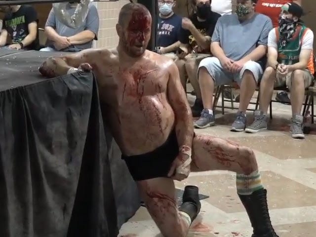 [Screenshot: Jeff King looking like a SAW movie survivor]