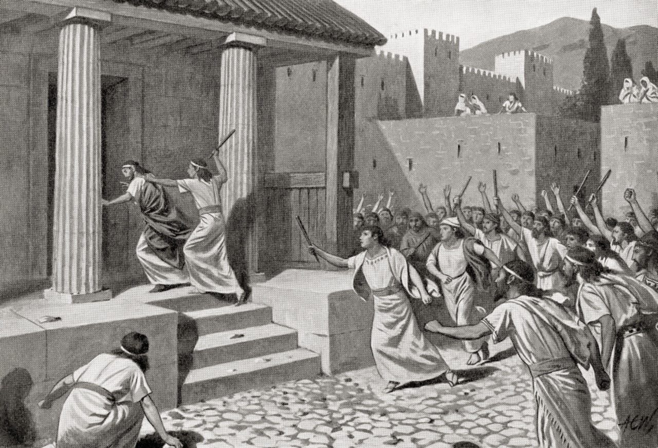 Alcander a young man Sparta attacking Lycurgus stabbing out one his eyes  when his fellow-citizens