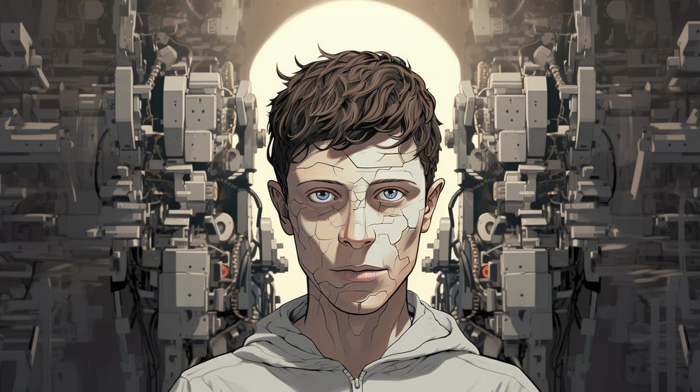 Robô de inteligencia artificial representando a empresa OpenAI. Inspirado em Sam Altman, CEO da empresa. Robô de inteligencia artificial representando a empresa OpenAI