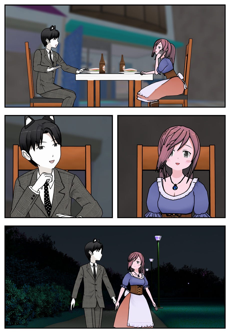 Ace and Vana dine at an open air restaurant, then walk in the park.