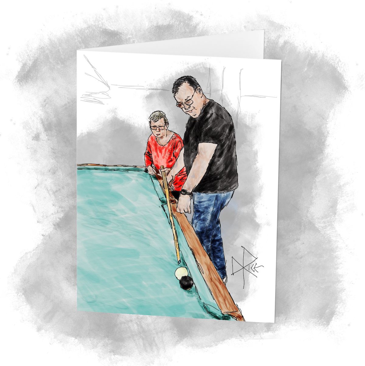A man helps to steady a pool cue as a woman aims it at the cue ball, ready to sink the eight ball. Sketch art by Don Rice.