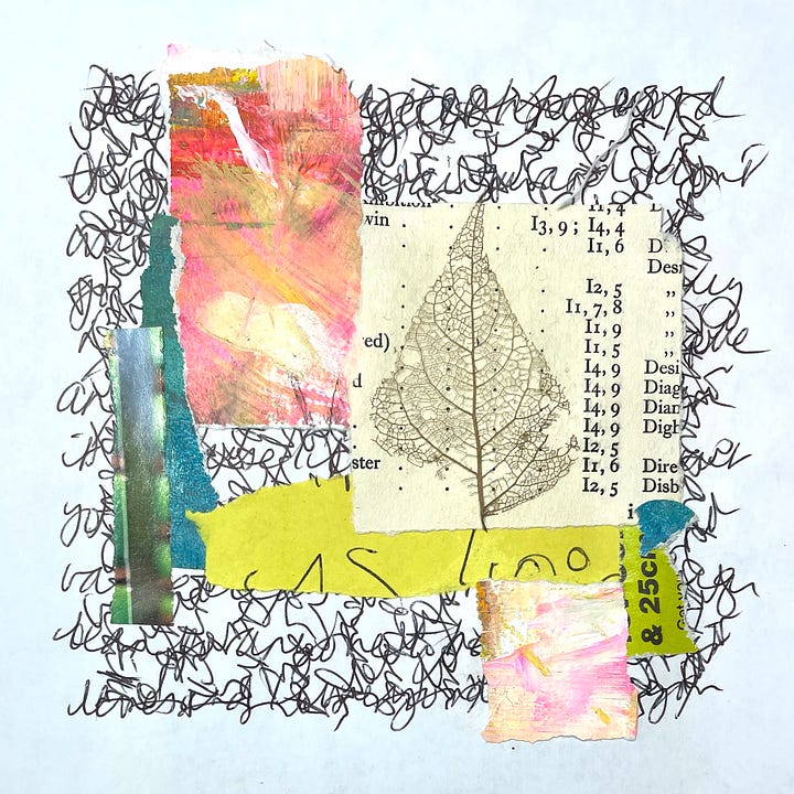 Scraps of coloured paper collages on to handwriting