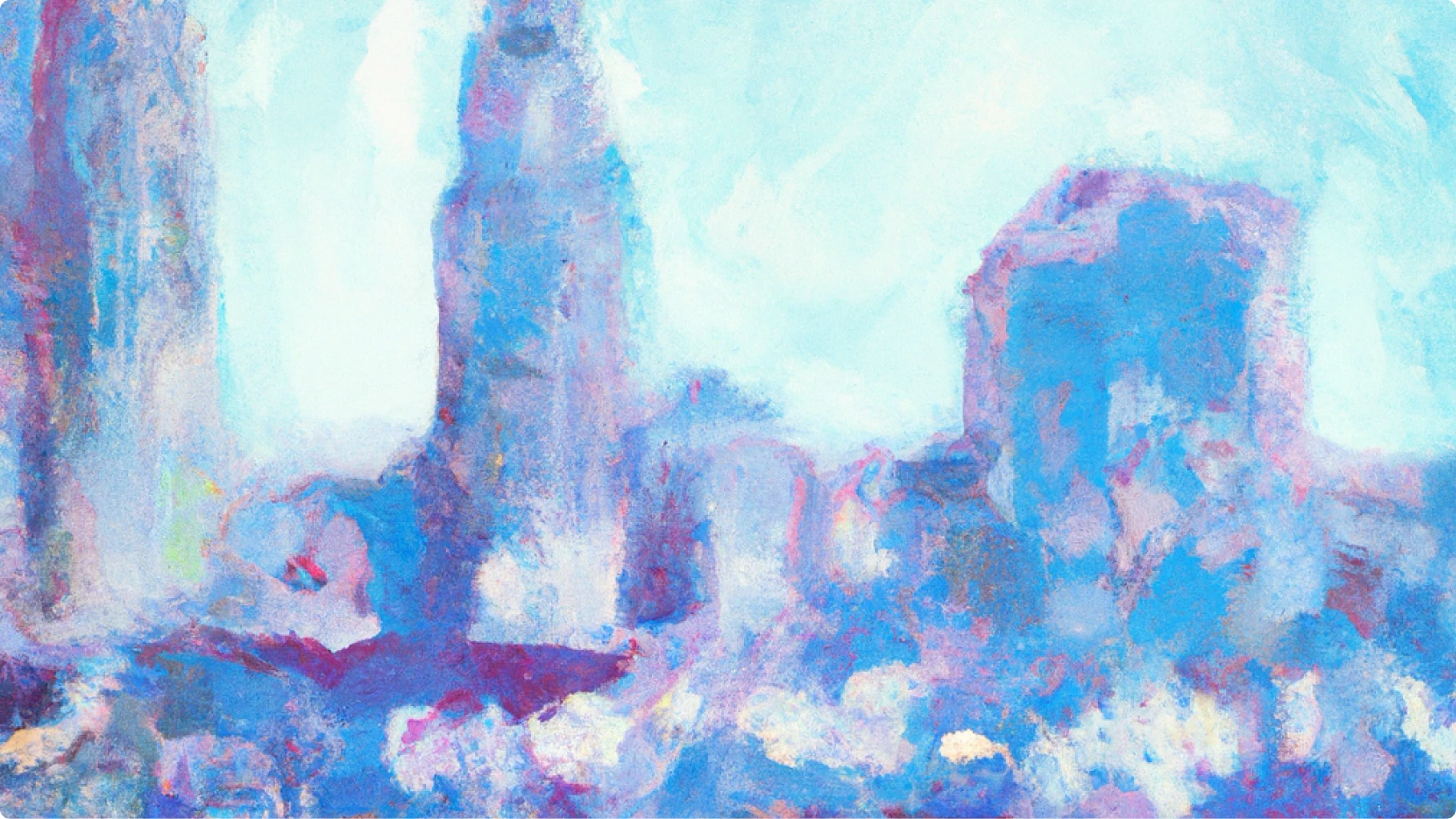 The image depicts an abstract cityscape with tall buildings rendered in cool tones of blue, purple, and hints of pink. The brushstrokes are soft and impressionistic, blending the skyline with a light, airy background that suggests a bright, open sky.