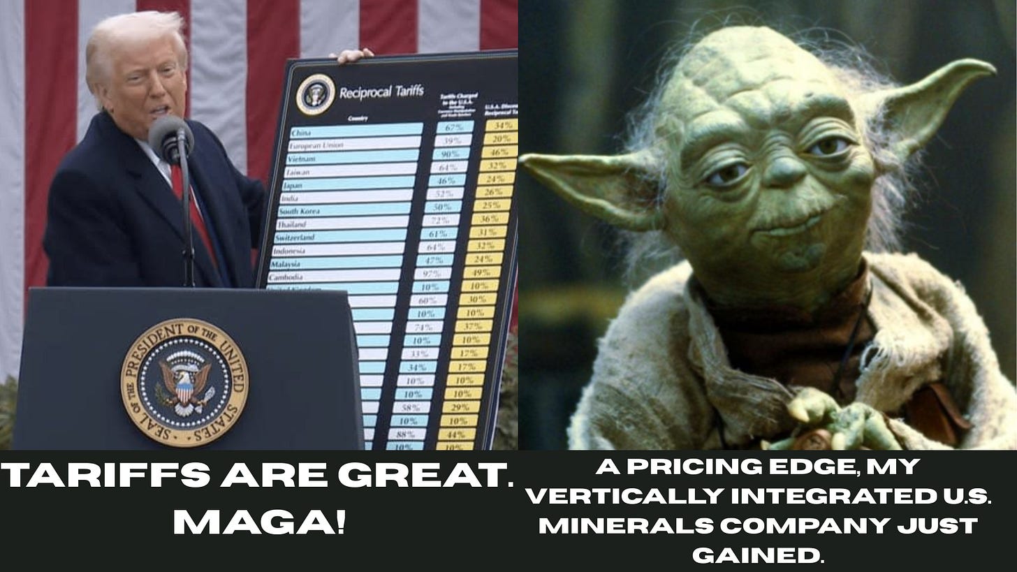 Split image with Donald Trump speaking at a podium showing a tariffs chart next to Yoda from Star Wars with caption about pricing edge — used in an Oil-Dri Corporation of America (ODC) deep dive article highlighting how U.S. tariffs benefit a vertically integrated minerals and specialty clay company.