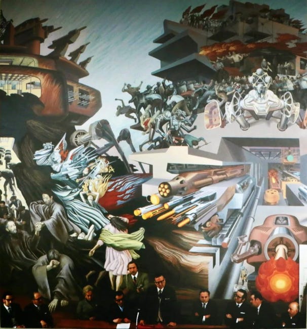 Fresque colorée représentant des ouvriers au visage épuisé, écrasés par un déluge d'acier, dans lequel on distingue beaucoup d'armes, dont des missiles