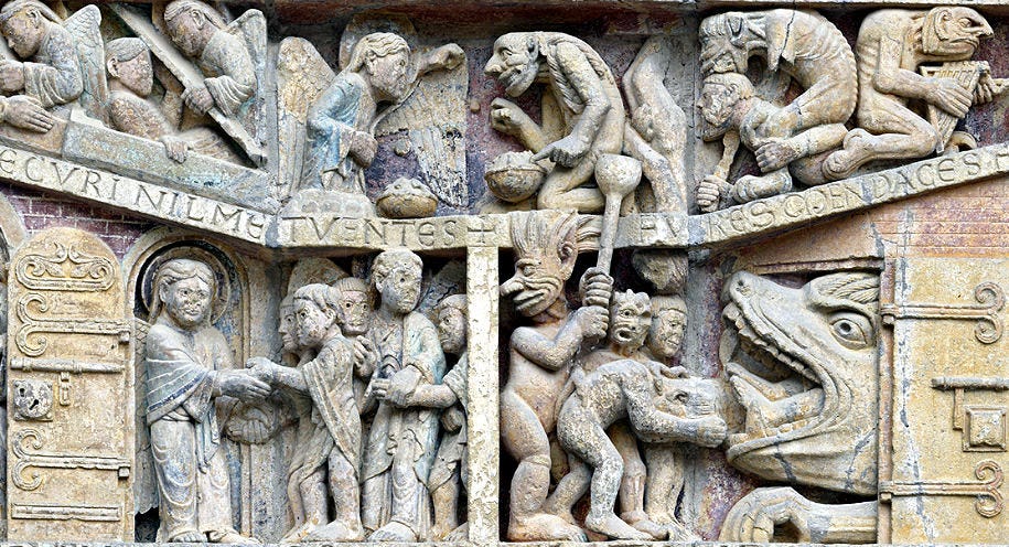Detail of the tympanum of the abbey church of Conques – The gatekeeper of paradise and the leviathan