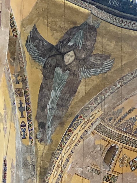 Various ceramics, vases, paintings, posters, iconography, statues, ruins, caves with wings