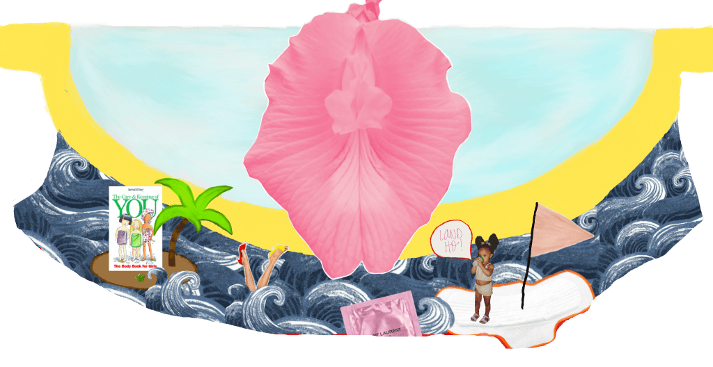 An illustration featuring a large pink hibiscus flower at the center, surrounded by a colorful beach scene with waves, a palm tree, a children's book titled 'The Care and Keeping of You', and a girl holding a flag that reads 'LOUD HELP?' An illustration featuring a large pink hibiscus flower at the center, surrounded by a colorful beach scene with waves, a palm tree, a children's book titled 'The Care and Keeping of You', and a girl holding a flag that reads 'LOUD HELP?'