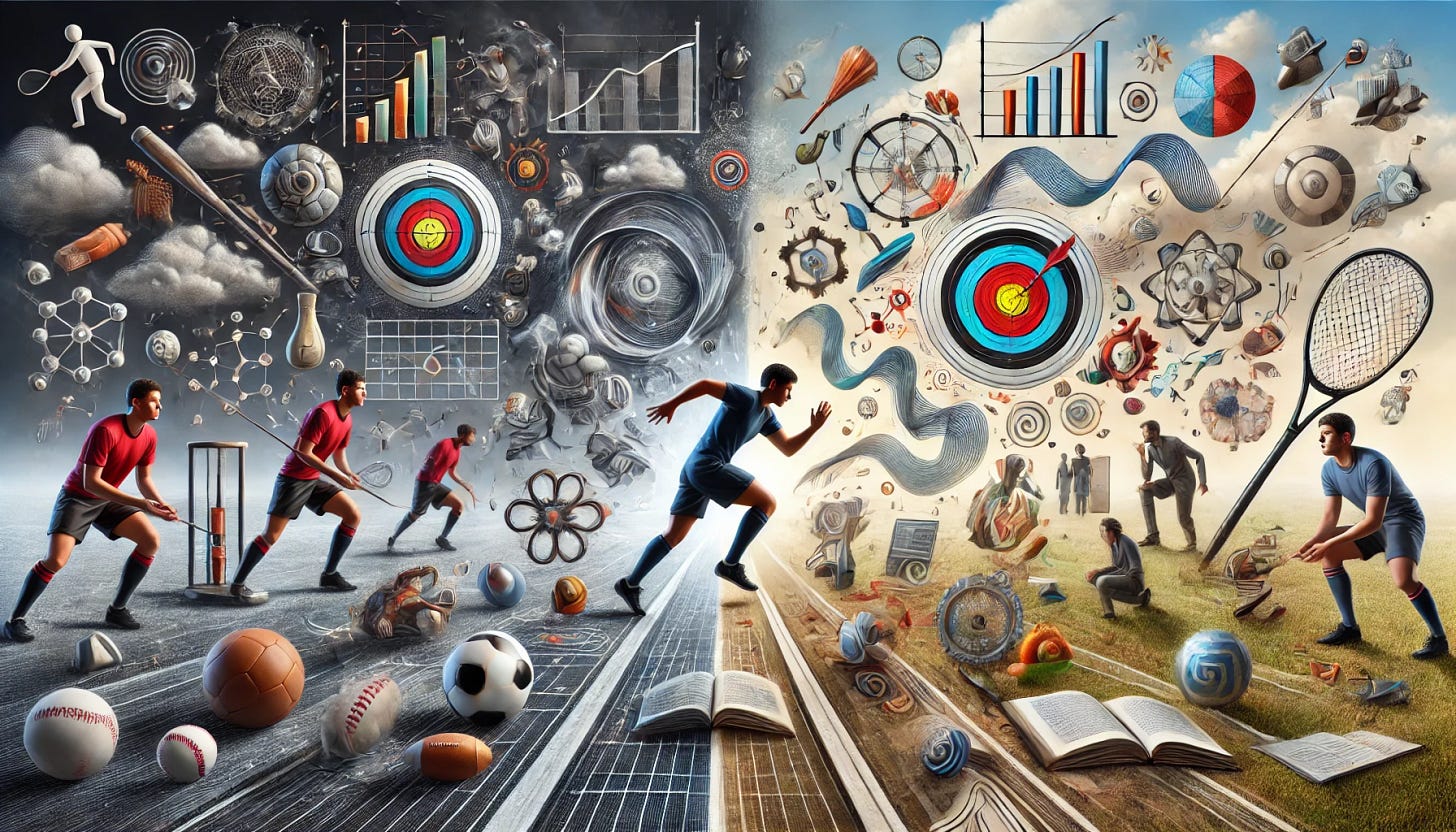 A conceptual image representing the tension between specificity and generalization in skill development. On one side, a focused athlete is practicing a sport with precision, surrounded by tools and symbols of targeted training (e.g., sports equipment, textbooks, and charts). On the other side, a broader landscape shows diverse and unpredictable real-world scenarios, such as various sports, educational symbols, and chaotic elements like abstract waves or curves, highlighting the unpredictability of new situations. The two sides are connected by a subtle, blurred line to symbolize the debate between these two approaches.