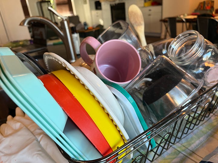The piles around my house on once particular afternoon: laundry, library books, lunchboxes, dishes.