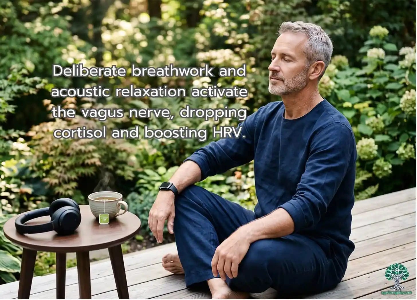 Mature man practicing diaphragmatic breathwork and meditation outdoors for nervous system recovery