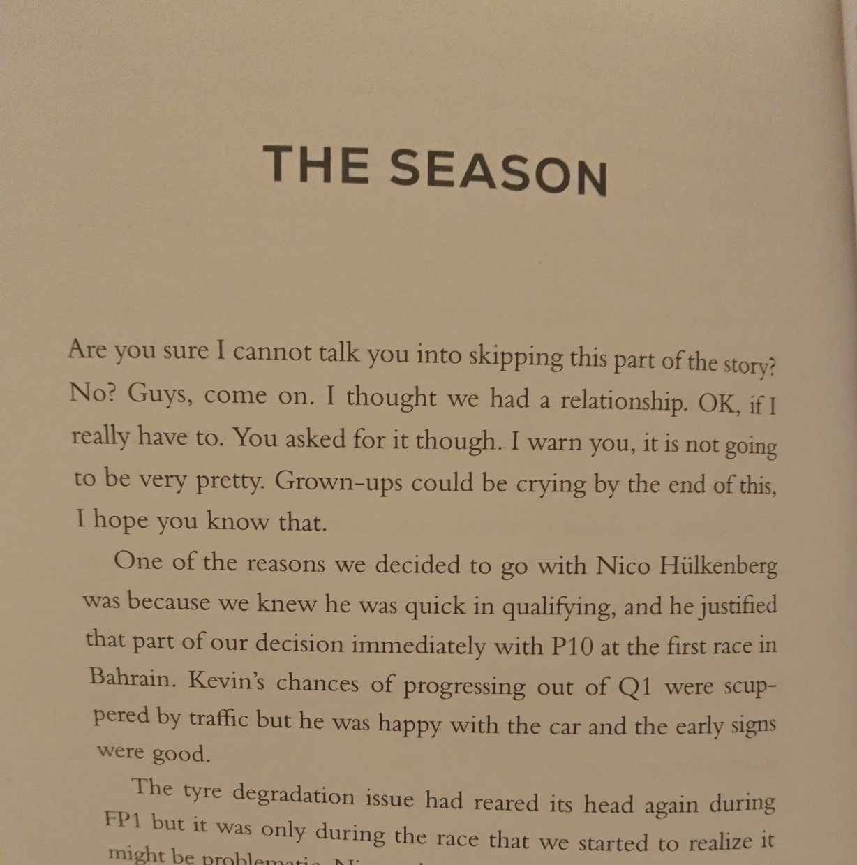 The start of a chapter called "The Season." Steiner continues: Are you sure I cannot talk you out of this? No? Guys, come on. I thought we had a relationship. Ok, if I really have to. You asked for it though. I warn you, it is not going to be very pretty. Grown-ups could be crying by the end of this, I hope you know that.