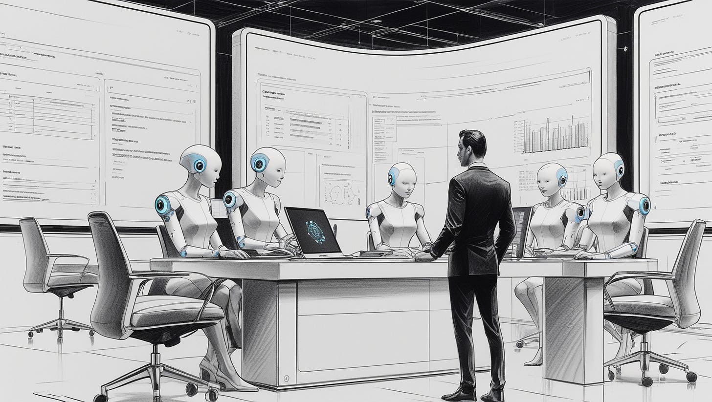 A futuristic office with AI-powered virtual assistants managing tasks, while a human entrepreneur oversees operations remotely.