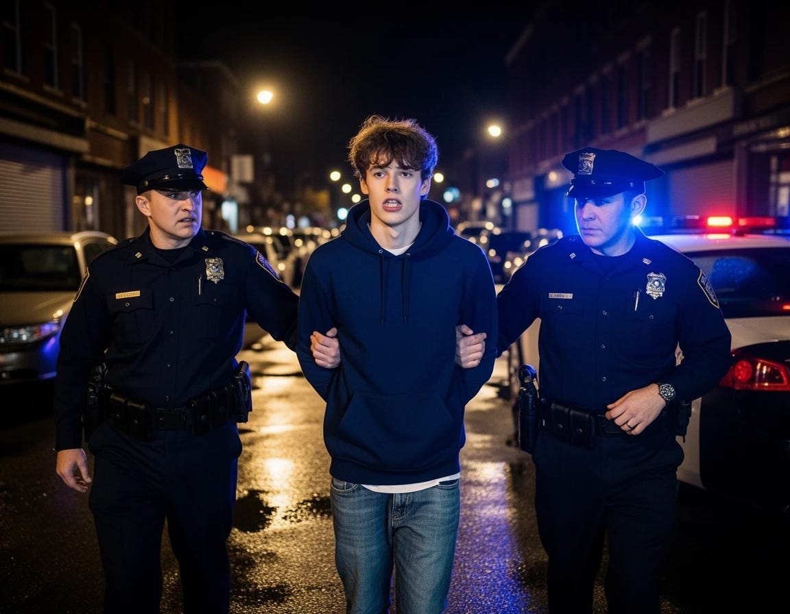 Young male college student getting arrested by police at night