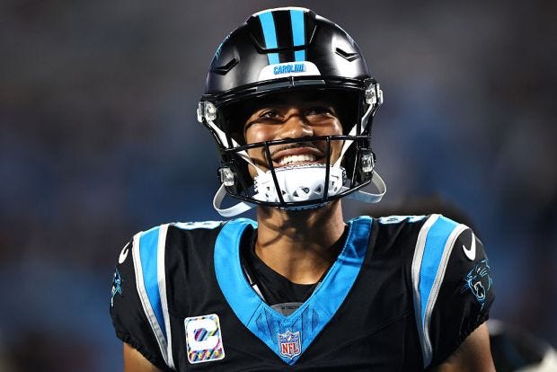 Quarterback Bryce Young of the Carolina Panthers warms up prior to a game against the Detroit Lions at Bank of America Stadium on Oct. 4, 2026, in Charlotte, North Carolina. (Jared C. Tilton/Getty Images)