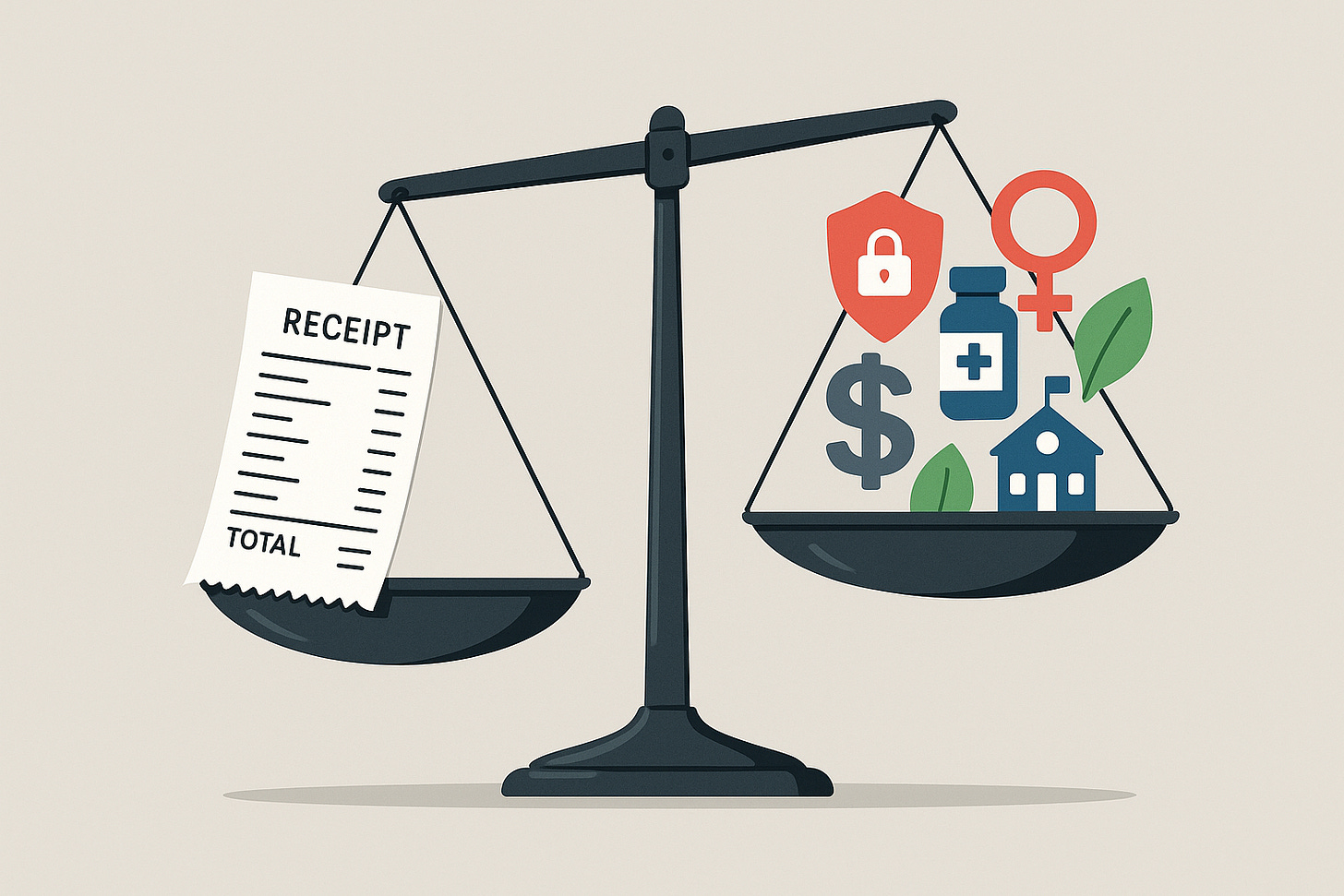 he left pan holds a light grocery receipt and tilts downward. The right pan holds clustered icons representing wages, crime, health care, women’s health, education, and the environment. The imbalance shows how focusing only on lower prices ignores larger factors that affect real quality of life. he left pan holds a light grocery receipt and tilts downward. The right pan holds clustered icons representing wages, crime, health care, women’s health, education, and the environment. The imbalance shows how focusing only on lower prices ignores larger factors that affect real quality of life.