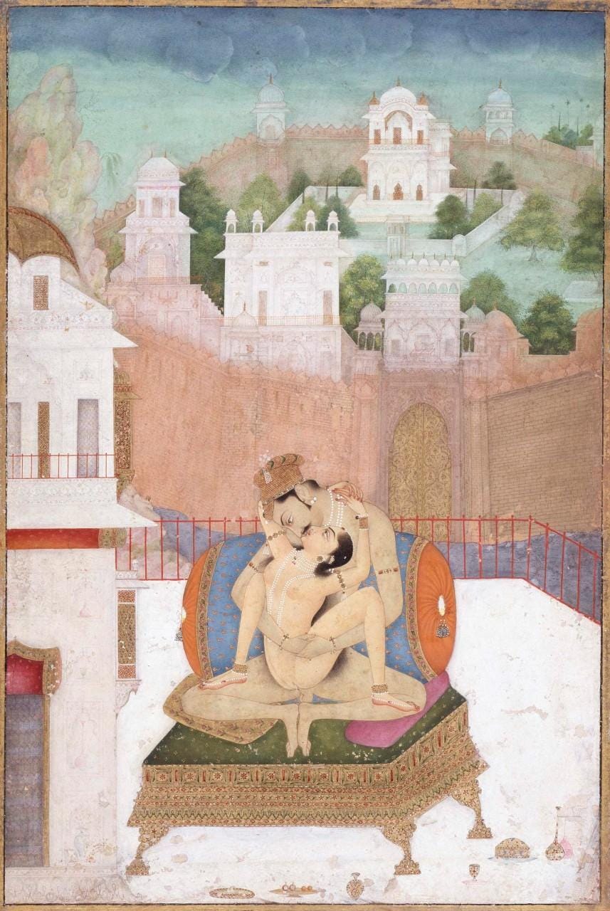 Painting showing a couple having sex on a terrace.