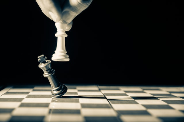 Black king toppled by white king on chess board.