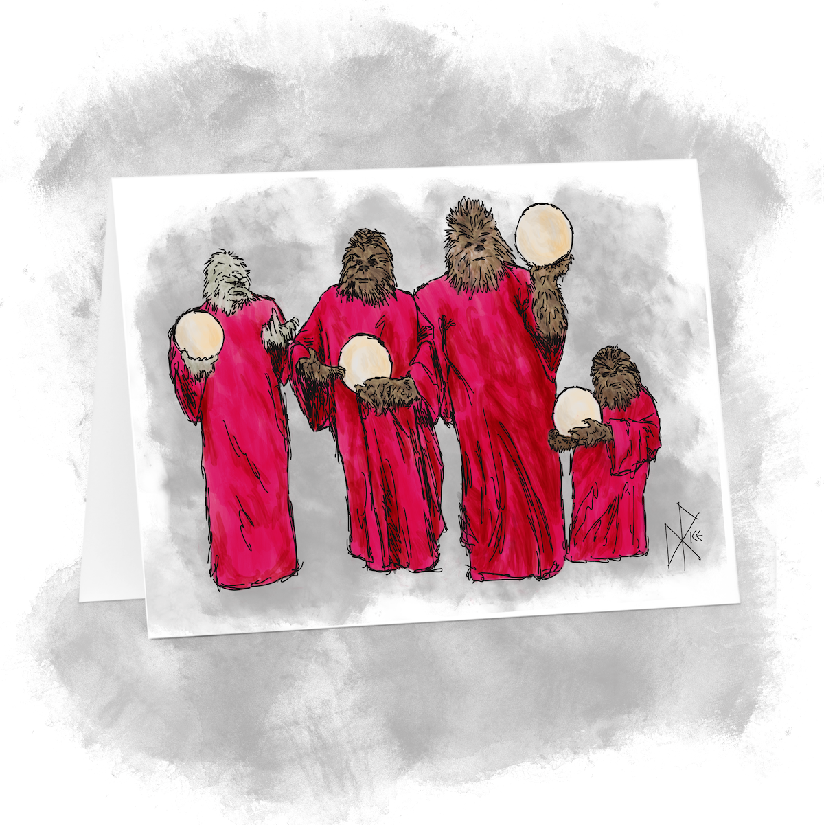 Wookiee family celebrate Life Day, dressed in their red robes and carrying glowing Life Day orbs in their hands. Sketch art by Don Rice. Wookiee family celebrate Life Day, dressed in their red robes and carrying glowing Life Day orbs in their hands. Sketch art by Don Rice.