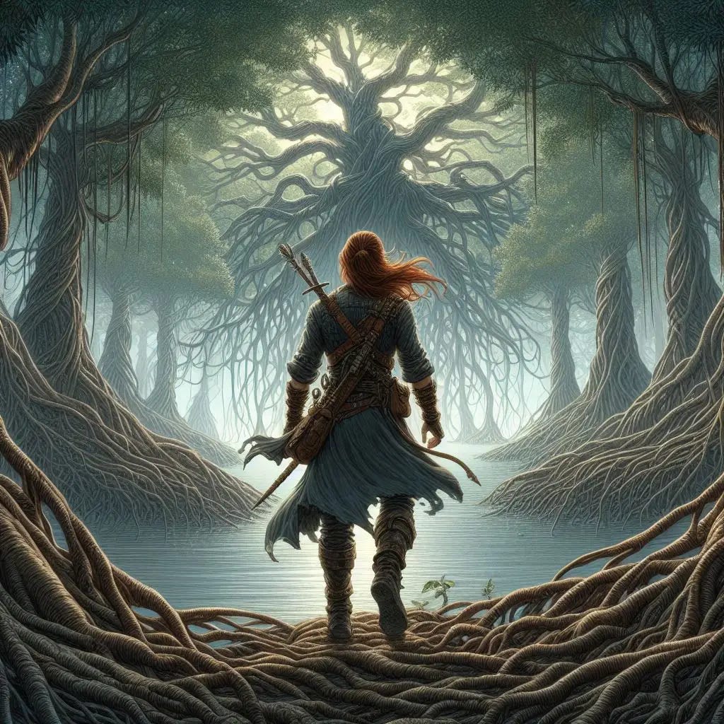 male adventurer, long red hair, back turned, in a magical tropical forest, mangroves connected together into one entity, fantasy drawing