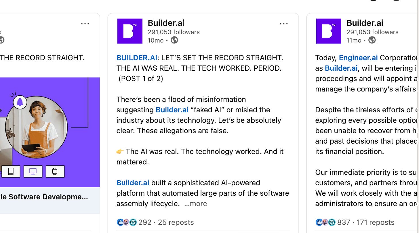 Posts appearing on Builder.ai’s account after it filed for liquidation bankruptcy.