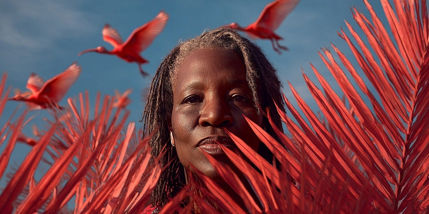 Dark skinned, middle-aged black woman with shoulder length dreadlocks, her face shrouded in red palm leaves, sky behind her laden with flying scarlet ibises.