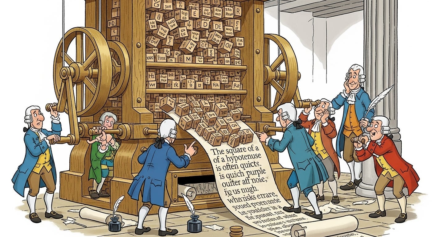 Cartoon depicting Jonathan Swift's writing machine, created in Google's Imagefx