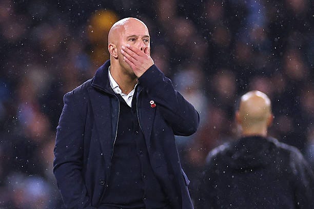 Arne Slot manager / head coach of Liverpool reacts during the Premier League match between Manchester City and Liverpool at Etihad Stadium on...