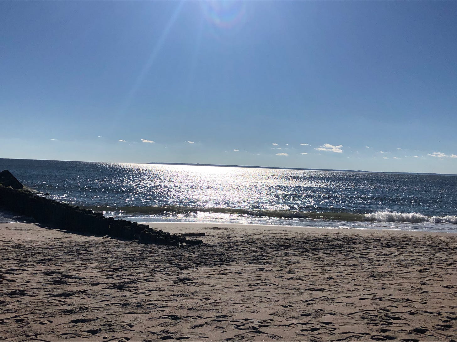 The beach and the ocean, with a rocky breakwater on the left. The sun is shining on the water.