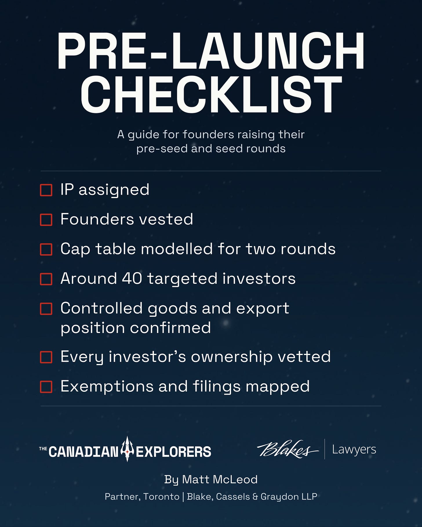 Pre-launch fundraising checklist: IP assigned; founders vested; cap table modelled for two rounds; around 40 targeted investors; controlled goods and export position confirmed; every investor’s ownership vetted; exemptions and filings mapped. Pre-launch fundraising checklist: IP assigned; founders vested; cap table modelled for two rounds; around 40 targeted investors; controlled goods and export position confirmed; every investor’s ownership vetted; exemptions and filings mapped.