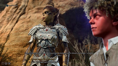 A set of screenshots of the game Baldur's Gate 3, featuring environments and dialogue.