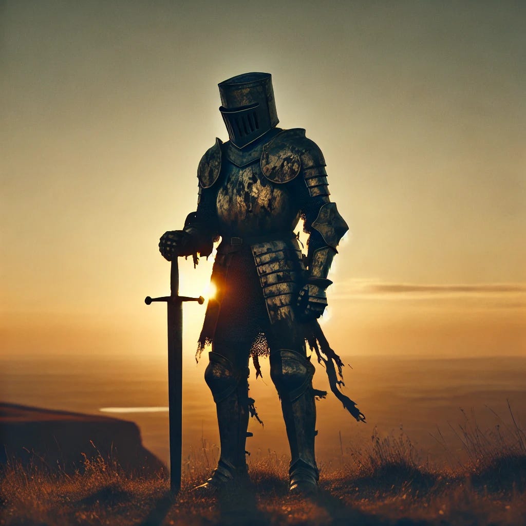 A weathered, battle-scarred knight standing quietly at sunset. His armor is dented, scratched, and worn — a sword loosely held at his side. He stands alone on a hilltop, looking out over a peaceful landscape, with a sense of calm and wisdom in his posture. The atmosphere is reflective, golden light casting long shadows, symbolizing strength through experience and the beauty of imperfection.