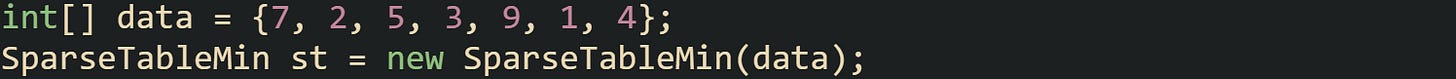 int[] data = {7, 2, 5, 3, 9, 1, 4}; SparseTableMin st = new SparseTableMin(data);