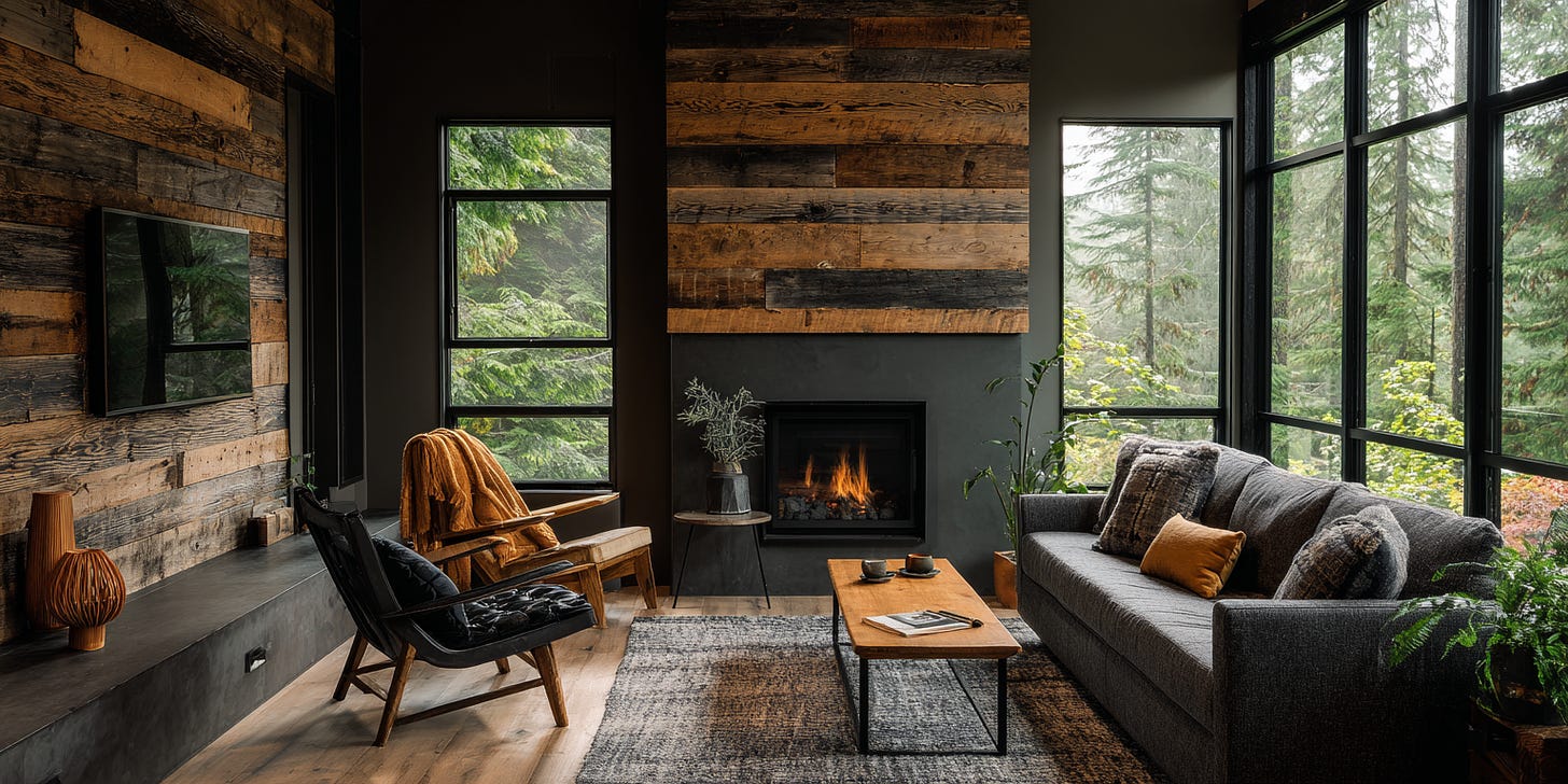 Modern cabin interior with reclaimed wood, minimalist furniture, and foggy forest views through large windows Modern cabin interior with reclaimed wood, minimalist furniture, and foggy forest views through large windows