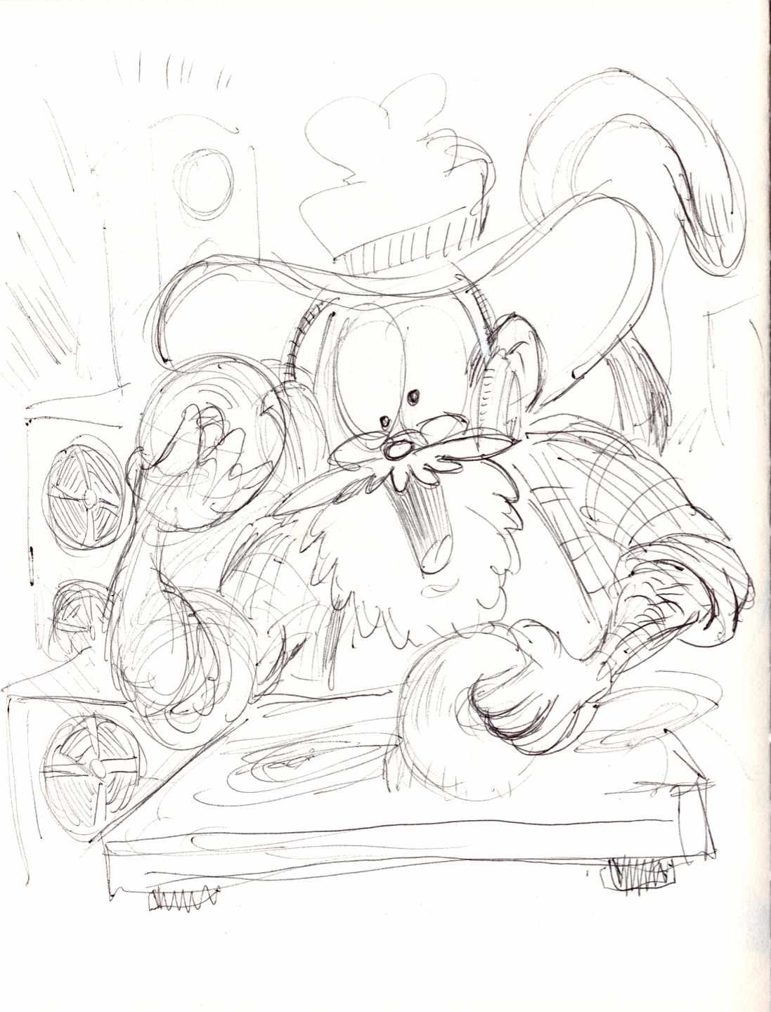 Ballpoint sketch of the Paintmonkey as a DJ.