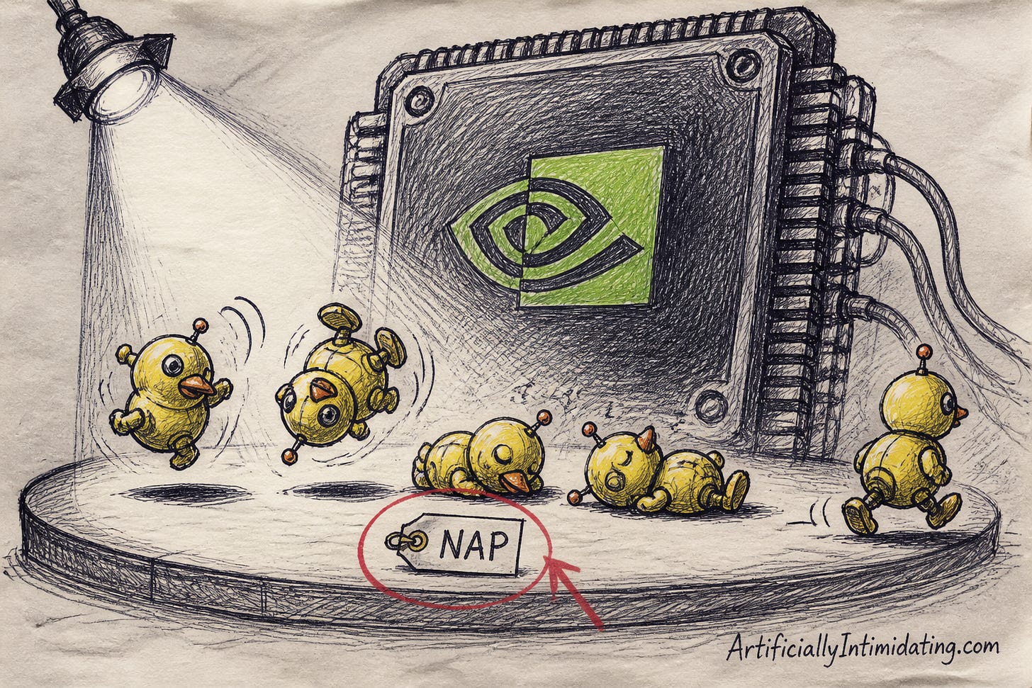 Small round yellow duck-shaped robots on a spotlit stage in front of a giant GPU chip carrying a green eye emblem: two mid-somersault, two asleep on the floor, one waddling off, with a red circle around a tag reading NAP. Small round yellow duck-shaped robots on a spotlit stage in front of a giant GPU chip carrying a green eye emblem: two mid-somersault, two asleep on the floor, one waddling off, with a red circle around a tag reading NAP.