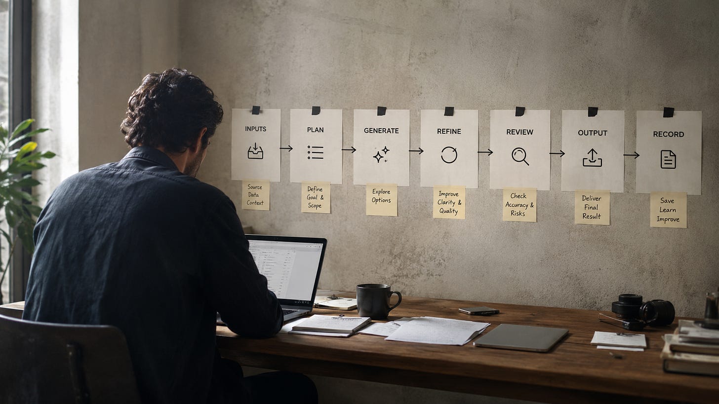 A man working at a wooden desk beside a wall displaying the stages of a structured AI workflow, from input and planning to review and record-keeping. A man working at a wooden desk beside a wall displaying the stages of a structured AI workflow, from input and planning to review and record-keeping.
