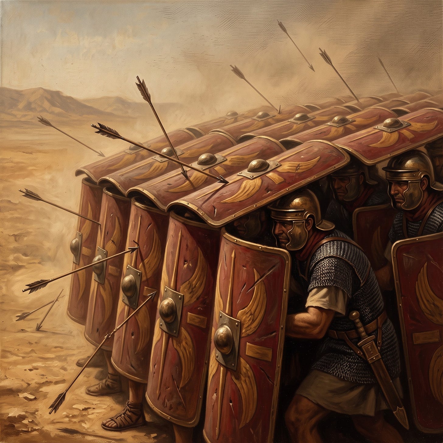 An illustration of a Roman infantry unit executing a tight testudo (tortoise) formation on a dusty, arid battlefield. The legionaries, clad in metal helmets, mail armor, and tunics, are completely enclosed by their large, curved rectangular scuta (shields). The front rank forms a solid wooden wall while the interior ranks hold their shields flat overhead like overlapping roof tiles, successfully deflecting a dense volley of incoming enemy arrows.