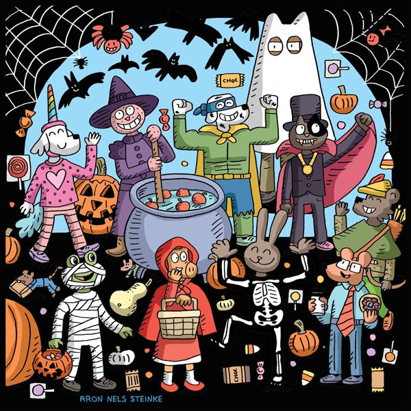 A scene in a black circle with characters from Mr. Wolf’s Class enjoying Halloween. A white floppy-eared dog in a pink outfit is wearing a rainbow unicorn horn. A pink cat person wears a purple dress and witches hat and stirs a cauldron full of apples in water. A white dog wears a yellow mask and flexes its biceps in a muscle-padded green suit. A gray cat with a black patch around its eye is dressed up as Count Dracula. A furry koala is dressed up as Robin Hood. A frog is dressed up in mummy wrappings. A pig dressed up as Little Red Riding Hood looks scared by a rabbit dressed in a skeleton body suit. Mr. Wolf is dressed in his usual outfit while eating a donut and drinking coffee. All around them are cobwebs and candy corn.