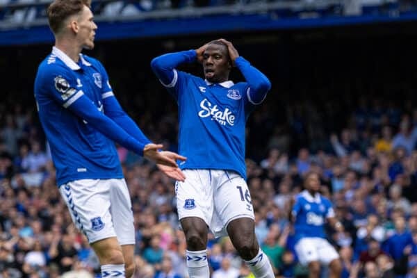 LIVERPOOL, ENGLAND - Saturday, August 12, 2023: Everton's Abdoulaye Doucouré looks dejected after missing a chance during the FA Premier League match between Everton FC and Fulham FC at Goodison Park. Fulham won 1-0. (Pic by David Rawcliffe/Propaganda)