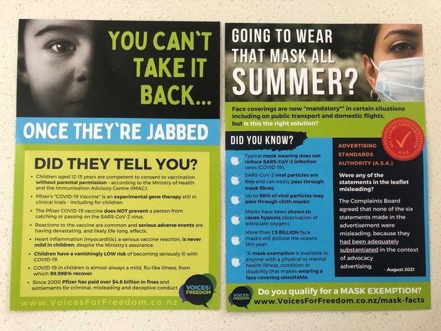 A VFF pamphlet urging caution about the vaccine and wearing masks