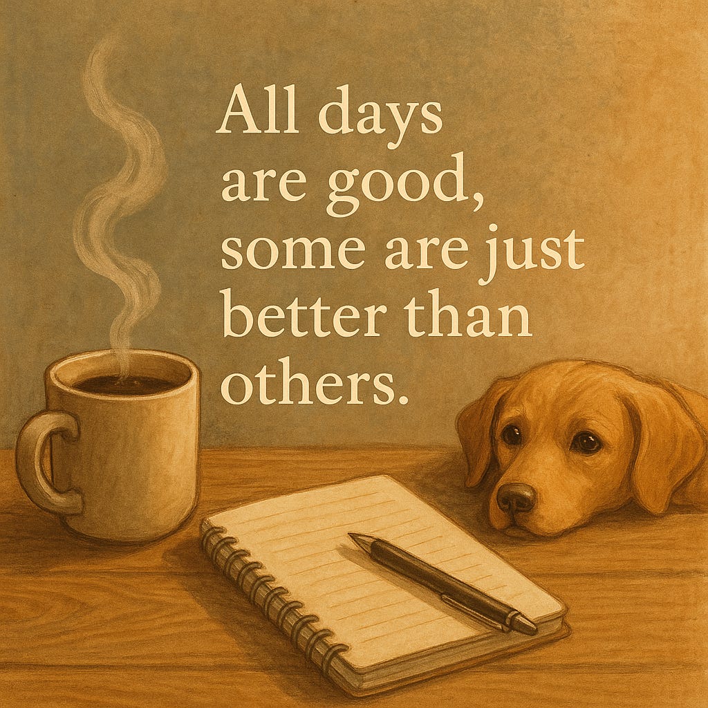 A dog is lying on a table next to a cup of coffee and a pen. All days are good, some are just better than others.