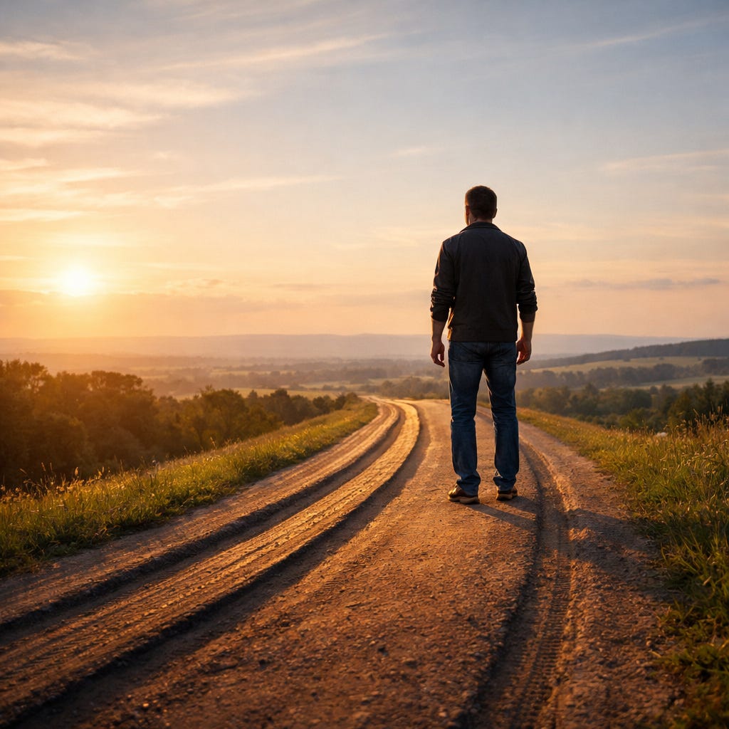 A man stands relaxed on a gently sloping dirt road with visible tracks, facing forward as the path carries him onward under a calm, open sky.