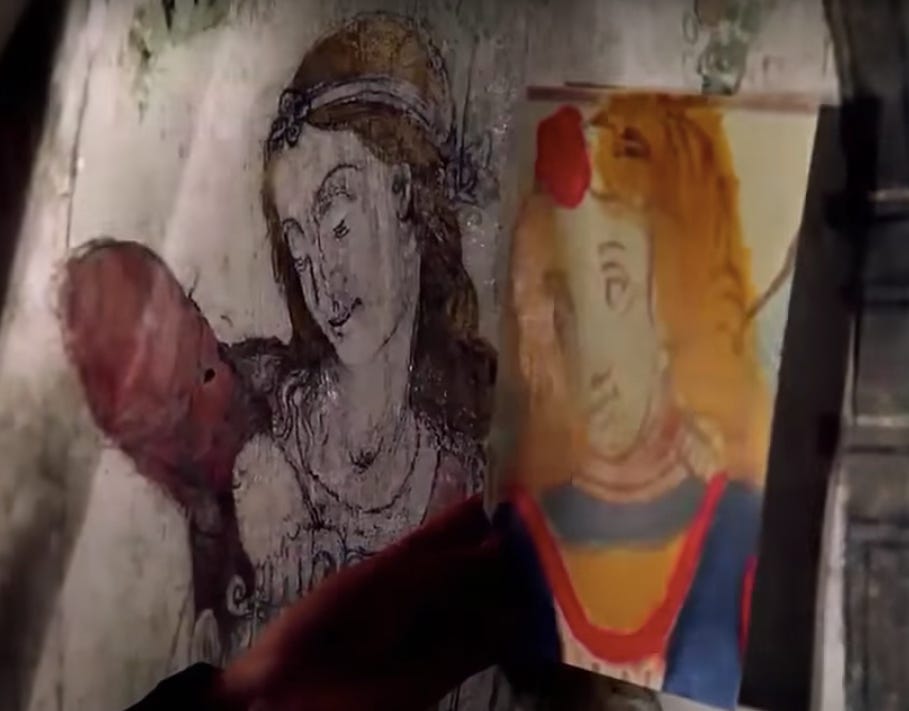 Images d'une carte à jouer et d'un tableau ancien représentant une femme versant de l'eau dans une cruche.