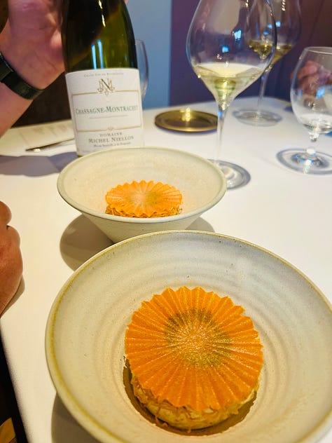 Snapshots of a tasting menu at Indienne in Chicago. Small plates with colorful food and a snapshot of the menu itself listing interesting twists on haute Indian cuisine as prepared by Chef Sujan Sukar