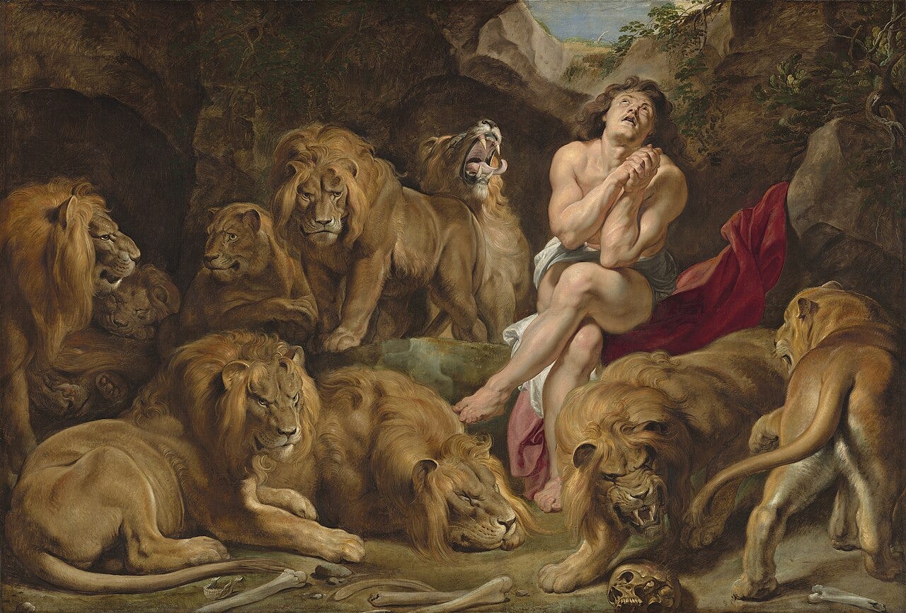 Rubens's Daniel in the Lions' Den: a nearly naked man in prayer among ten lions in a rocky den, some of them yawning
